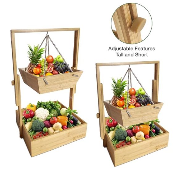 2-Tier Hanging Wooden Fruit Basket & Veggie Stand w/ Adjustable Height - Picture 5 of 10